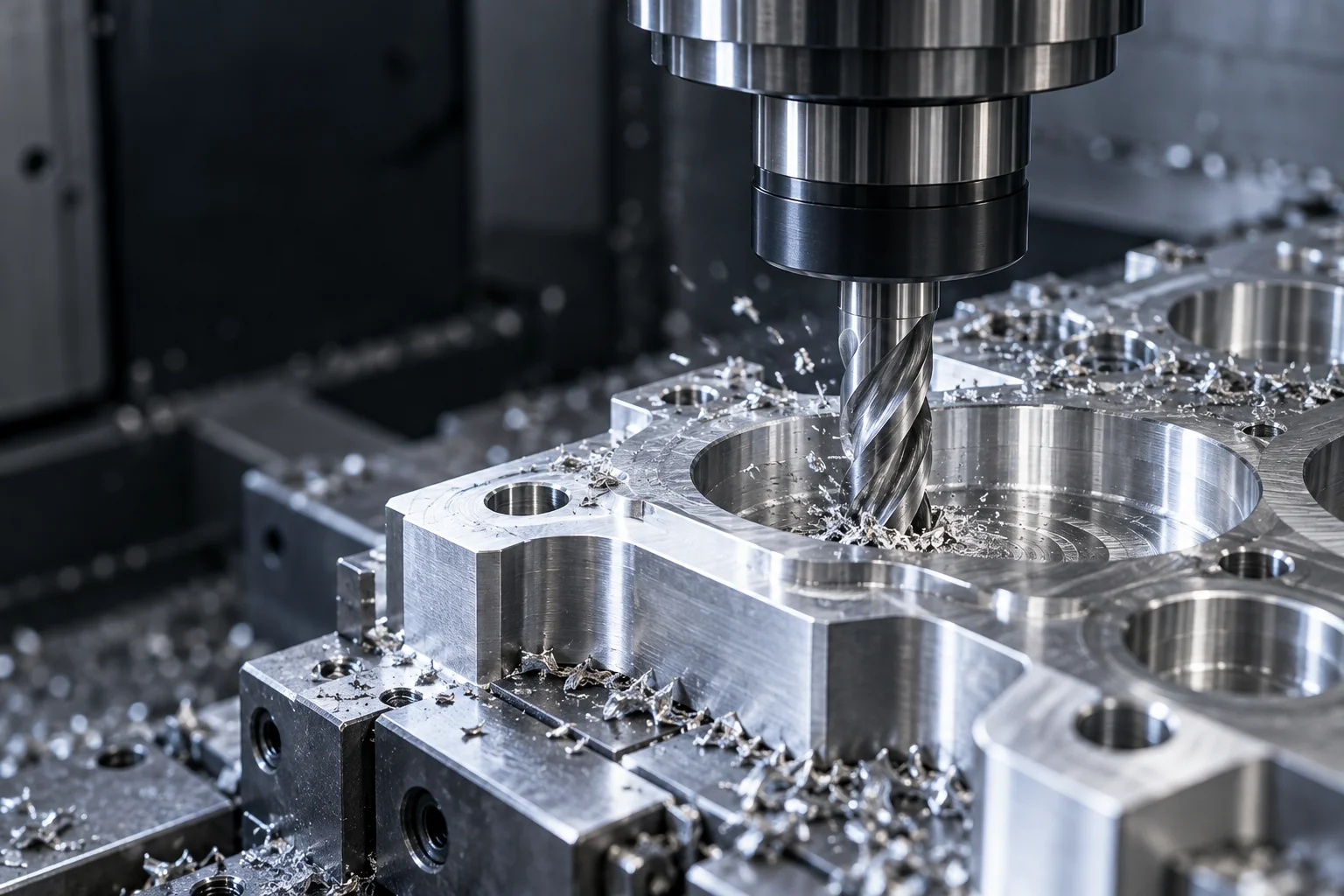 Visual ilustrativo de una herramienta CNC mecanizando una pieza de aluminio